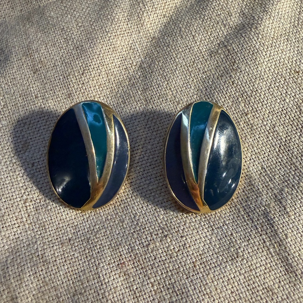 Trifari Gold and Teal Oval Earrings